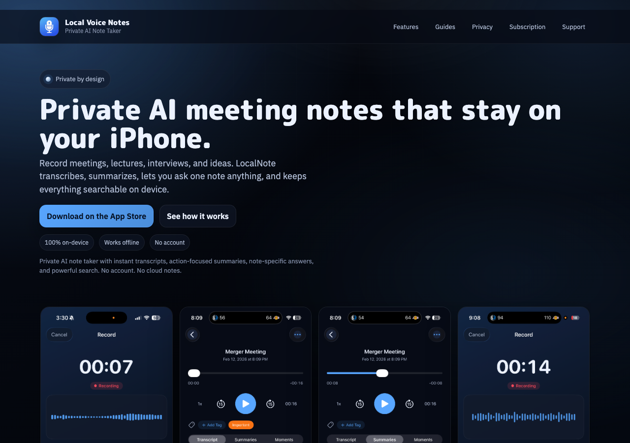 Local AI Note Taker website screenshot